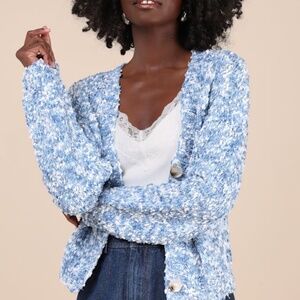 Lulus Curated Coziness Blue And White Boucle V-neck Cardigan - Size S